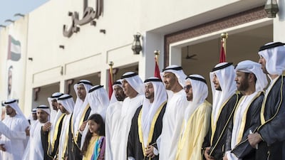 Sheikh Mohammed bin Zayed, fifth right, at the group wedding. With him is Jaber Al Suwaidi, General Director of the Crown Prince Court - Abu Dhabi, seventh right. Mohamed Al Raeesi for Crown Prince Court - Abu Dhabi