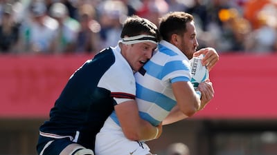 Argentina's Joaquin Tuculet in action with Nate Brakeley of the U.S. Kumagaya Rugby Stadium, Kumagaya, Japan. REUTERS