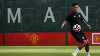 Jadon Sancho of Manchester United in action during a first team training session at Carrington Training Ground in Manchester, England.