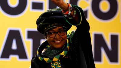 Winnie Madikizela Mandela, ex-wife of former South African president Nelson Mandela, gestures to supporters at the 54th National Conference of the ruling African National Congress (ANC) at the Nasrec Expo Centre in Johannesburg, South Africa December 16, 2017. Siphiwe Sibeko / Reuters