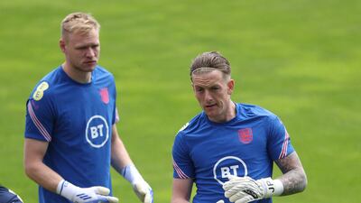 Aaron Ramsdale and Jordan Pickford during training in Munich. Reuters