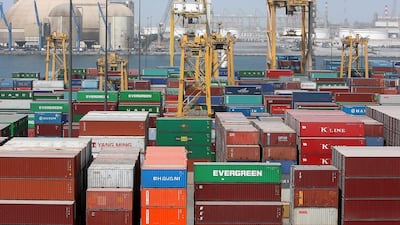 Cargo containers line up at the Terminal 1 in Jebel Ali port in Dubai. Pawan Singh / The National