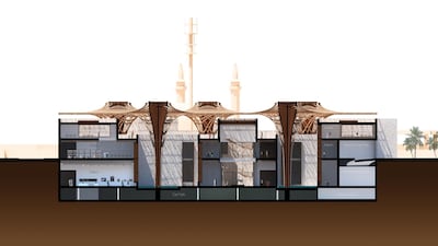 A cross-section view of the building's interior, showing how the barjeels or wind towers are embedded into the structure. Courtesy Aidia Studio