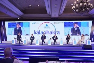 From left to right, Xavier Bettel, Luxembourg's Deputy Prime Minister, Minister of Foreign Affairs and Foreign Trade, and Minister for Development Co-operation and Humanitarian Affairs; Maria Malmer Stenergard, Sweden's Minister for Foreign Affairs; Diego Martinez Belío, Spain's State Secretary for Foreign and Global Affairs; Ruben Brekelmans, The Netherlands' Minister of Defence; Florence Gaub, Director of the Research Division, Nato Defence College in Rome; Vanessa Ghanem, Arab Affairs Editor at The National News. ORF