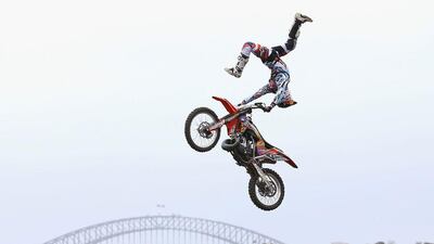 Up and over: Levi Sherwood of New Zealand shows his skills in the Red Bull X-Fighters Moto Cross at Cockatoo Island, Sydney, Australia. Cameron Spencer / Getty Images