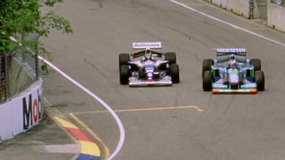 Damon Hill, left, tries to dive down the inside of Michael Schumacher at the Australian Grand Prix 1994, the last round of the season. Crispin Thruston / Action Images CONTRACT CLIENTS PLEASE NOTE: ADDITIONAL FEES MAY APPLY - PLEASE CONTACT YOUR ACCOUN???