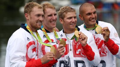 Gold medalists Alex Gregory, Sbihi, George Nash and Constantine Louloudis on the podium at the medal ceremony for the Men's Four at the Rio 2016 Olympic Games.