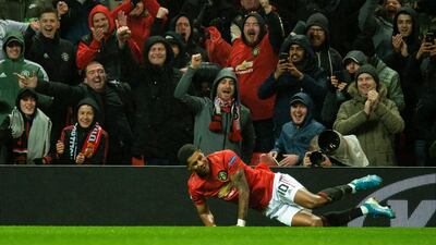 Marcus Rashford after scoring United's third. EPA