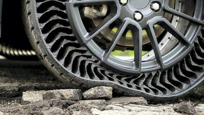 The Michelin Uptis Prototype is a radical puncture-proof, airless tyre. Courtesy General Motors