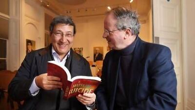 Bensalem Himmich, left, and Roger Allen at the Saif Ghobash-Banipal Prize in London. Stephen Lock for The National