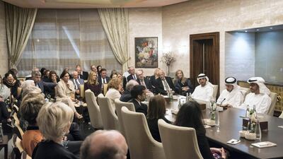 Sheikh Mohammed bin Zayed Al Nahyan, Crown Prince of Abu Dhabi and Deputy Supreme Commander of the Armed Forces (right), and Sheikh Abdullah bin Zayed Al Nahyan meet members of The Washington Institute for Near East Policy at Al Shati Palace. Hamad Al Kaabi / Crown Prince Court
