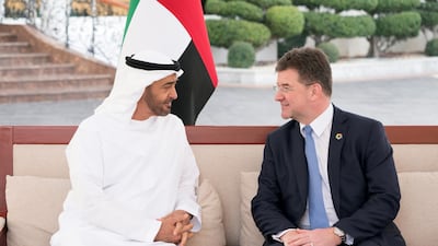 Sheikh Mohamed bin Zayed, Crown Prince of Abu Dhabi and Deputy Supreme Commander of the UAE Armed Forces, meets with Miroslav Lajcak, President of the UN General Assembly, during a Sea Palace barza. Hamad Al Kaabi / Crown Prince Court - Abu Dhabi.