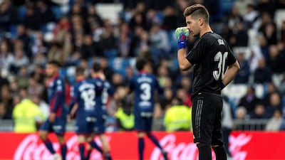 Luca Zidane reacts after the score becomes 2-2 during the Huesca match EPA