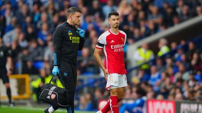 Arsenal's Gabriel Martinelli is substituted during the Premier League game against Everton and Arsenal at Goodison Park. AP