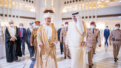Sultan Haitham is received by Sheikh Tamim at Doha International Airport. Photo: @OmanNewsAgency