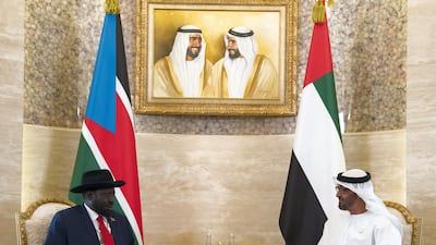 Sheikh Mohamed bin Zayed, Crown Prince of Abu Dhabi and Deputy Supreme Commander of the UAE Armed Forces (R), meets with Salva Kiir, President of South Sudan (L), at Al Shati Palace. Mohamed Al Hammadi / Ministry of Presidential Affairs