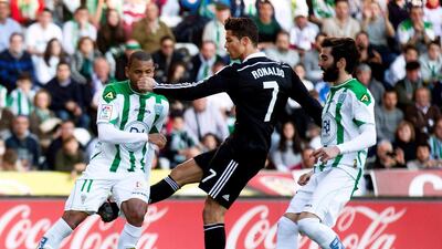 Cristiano Ronaldo, centre, delivers the kick at Edimar Fraga that led to his sending off on January 24. Gonzalo Arroyo Moreno / Getty Images