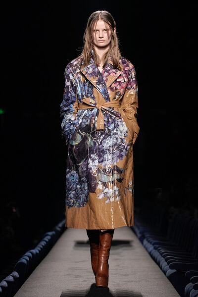 A flower-covered trench coat at Dries Van Noten