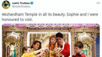 A tweet from Canadian Prime Minister Justin Trudeau of him and his family in a temple in India. Many of his tweets from the visit were criticised by Indians. @JustinTrudeau