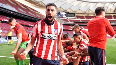 Yannick Ferreira Carrasco celebrates Atletico Madrid's second goal scored by Luis Suarez. Getty