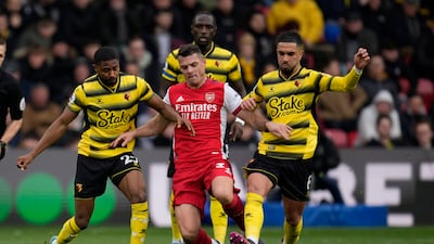 Granit Xhaka - 7: Embarrassing attempt at first-time volley in opening half that he shanked high and wide. Usual relentless tackling and work rate. Helped control midfield alongside Partey. AP