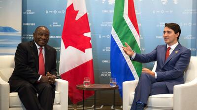 Prime minister Justin Trudeau meets with the president of South Africa, Cyril Ramaphosa, during a bilateral meeting as part of the G7. Jacques Boissinot/The Canadian Press via AP