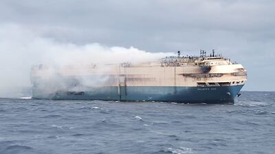 Smoke billows from the burning 'Felicity Ace', south-east of the Azores. Photo: Portuguese Navy