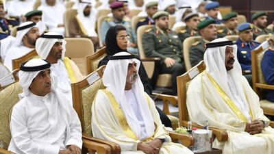 Sheikh Nahyan bin Mubarak, Minister of Culture and Knowledge Development, and Noura Al Kaabi, Minister of State for Federal National Council Affairs, attend the graduation ceremony of the fourth session of the National Defence College in Abu Dhabi. Wam