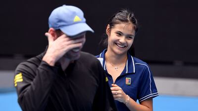 Britain's Emma Raducanu speaks with coach Torben Beltz. AFP