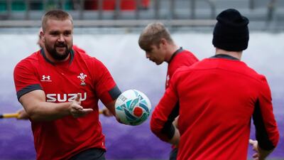 Wales' prop Tomas Francis (L) takes part in a training session at Prince Chichibu Memorial Rugby Ground in Tokyo ahead of their Japan 2019 Rugby World Cup semi-final against South Africa. AFP