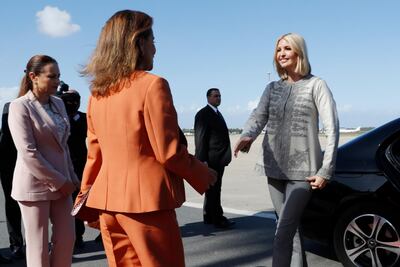 Ivanka Trump, the daughter and senior adviser to President Donald Trump, is greeted by Princess Lalla Meryem as she arrives in Rabat. AP