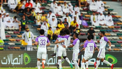 Al Ain celebrate their first goal against Al Wasl in the President's Cup final at Zayed Sports City Stadium. Victor Besa / The National
