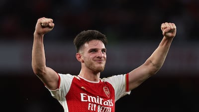 Arsenal's English midfielder #41 Declan Rice celebrates their victory on the pitch after the English Premier League football match between Arsenal and Manchester City at the Emirates Stadium in London on October 8, 2023. Arsenal won the game 1-0. (Photo by Adrian DENNIS / AFP) / RESTRICTED TO EDITORIAL USE. No use with unauthorized audio, video, data, fixture lists, club/league logos or 'live' services. Online in-match use limited to 120 images. An additional 40 images may be used in extra time. No video emulation. Social media in-match use limited to 120 images. An additional 40 images may be used in extra time. No use in betting publications, games or single club/league/player publications. /