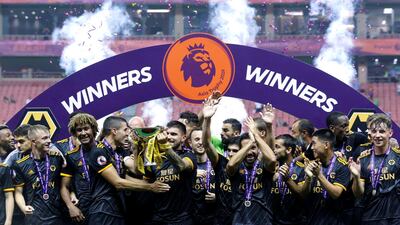 Wolverhampton Wanderers players celebrate after beating Manchester City to win the Premier League Asia Trophy. Reuters