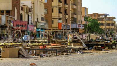 Market stalls abandoned in south Khartoum as fighting in the Sudanese capital rages for a third day. AFP