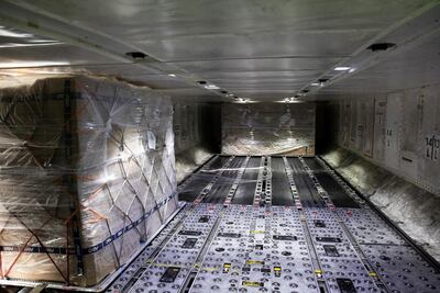 A view inside an American Airlines cargo plane while being unloaded at Philadelphia International Airport in Philadelphia, Pennsylvania, US, December 4, 2020. American Airlines Cargo is the largest facility for pharmaceutical products on the East Coast, and could soon be used to store coronavirus disease vaccines. REUTERS