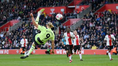 Erling Haaland of Manchester City scores his team's third goal against Southampton at the St. Mary's Stadium on Saturday, April 8, 2023. Getty