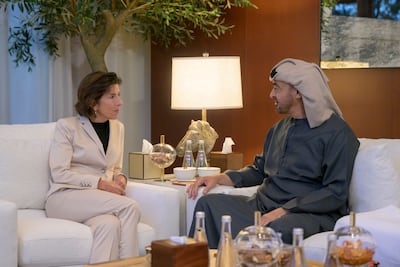 President Sheikh Mohamed with Gina Raimondo, US Secretary of Commerce. Photo: Hamad Al Kaabi / UAE Presidential Court