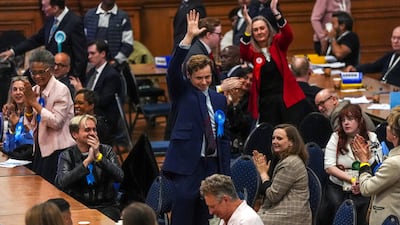 Conservative Party Candidate Philip Stephenson-Oliver reacts after being named councillor for Lancaster Gate in Westminster, central London. PA