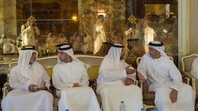 From left to right, Sheikh Nahyan bin Mubarak , Minister of Culture and Knowledge Development, Sheikh Khaled bin Zayed, Chairman of the Board of Zayed Higher Organization for Humanitarian Care and Special Needs (ZHO), Sheikh Mohammed Al Hamed and Sheikh Saif bin Zayed, Deputy Prime Minister and Minister of Interior, offer condolences to the family of Sheikh Hamdan bin Rashid bin Hamdan bin Mohammed Al Nahyan. Mohamed Al Hammadi / Crown Prince Court - Abu Dhabi