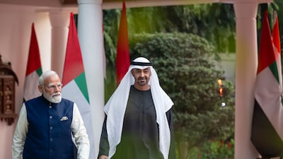 Sheikh Mohamed and Mr Modi at Lok Kalyan Marg