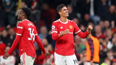 Raphael Varane celebrates scoring for Manchester United against Brentford. Getty