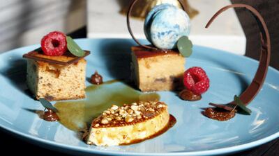 Three-way date cake at Cafe Society is a platter of three desserts – a date cheesecake, a date cake and bavarois with a honey date glaze and walnut praline.
