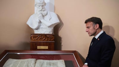 French President Emmanuel Macron visits the Matenadaran museum in Yerevan, Armenia. AFP