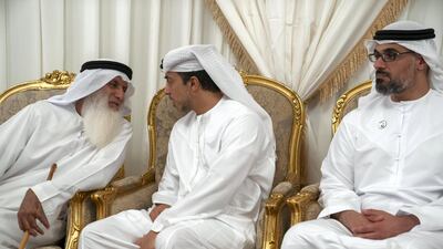 Sheikh Mansour bin Zayed, Deputy Prime Minister and Minister of Presidential Affairs and Major General Sheikh Khaled bin Mohamed bin Zayed, deputy national security adviser (right), expresses sympathies to the family of Warrant Officer Nasser Mohamed Hamad Al Kaabi. Eissa Al Hammadi for Ministry of Presidential Affairs