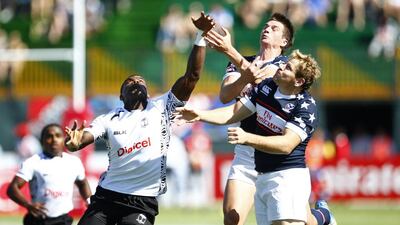 Pio Tuwai of Fiji, left, led his team during their run to the Dubai Sevens title last year but he is now playing in Sri Lanka, which will limit his national team duty ahead of this year’s tournament. Jake Badger / The National