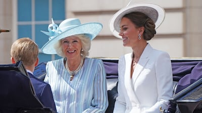 Camilla, Duchess of Cornwall, with Kate, Duchess of Cambridge, during the Trooping the Colour parade, part of Queen Elizabeth II's platinum jubilee celebrations. AFP
