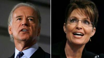 The Democratic vice presidential candidate, Joe Biden, talks with the Republican vice presidential candidate, Sarah Palin, after their vice presidential debate on Oct 2 2008.