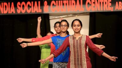 Students and community members practise for the Indian independence day function at India Social Centre in Abu Dhabi. Ravindranath K / The National