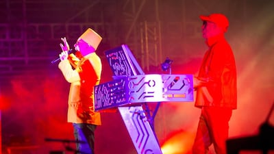Pet Shop Boys’ singer Neil Tennant, left, with the keyboard player Chris Lowe. Celia Peterson for The National / May 9, 2014